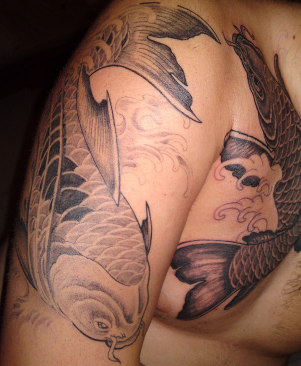 Black And Grey Pisces Zodiac Sign Tattoo On Right Half Sleeve
