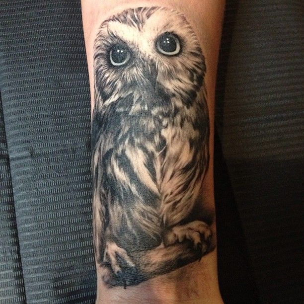 Black And Grey Realistic Owl Tattoo Design For Sleeve