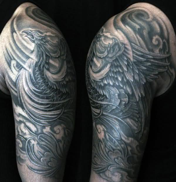 Black And Grey Rising Phoenix From The Ashes Tattoo Design For Half Sleeve