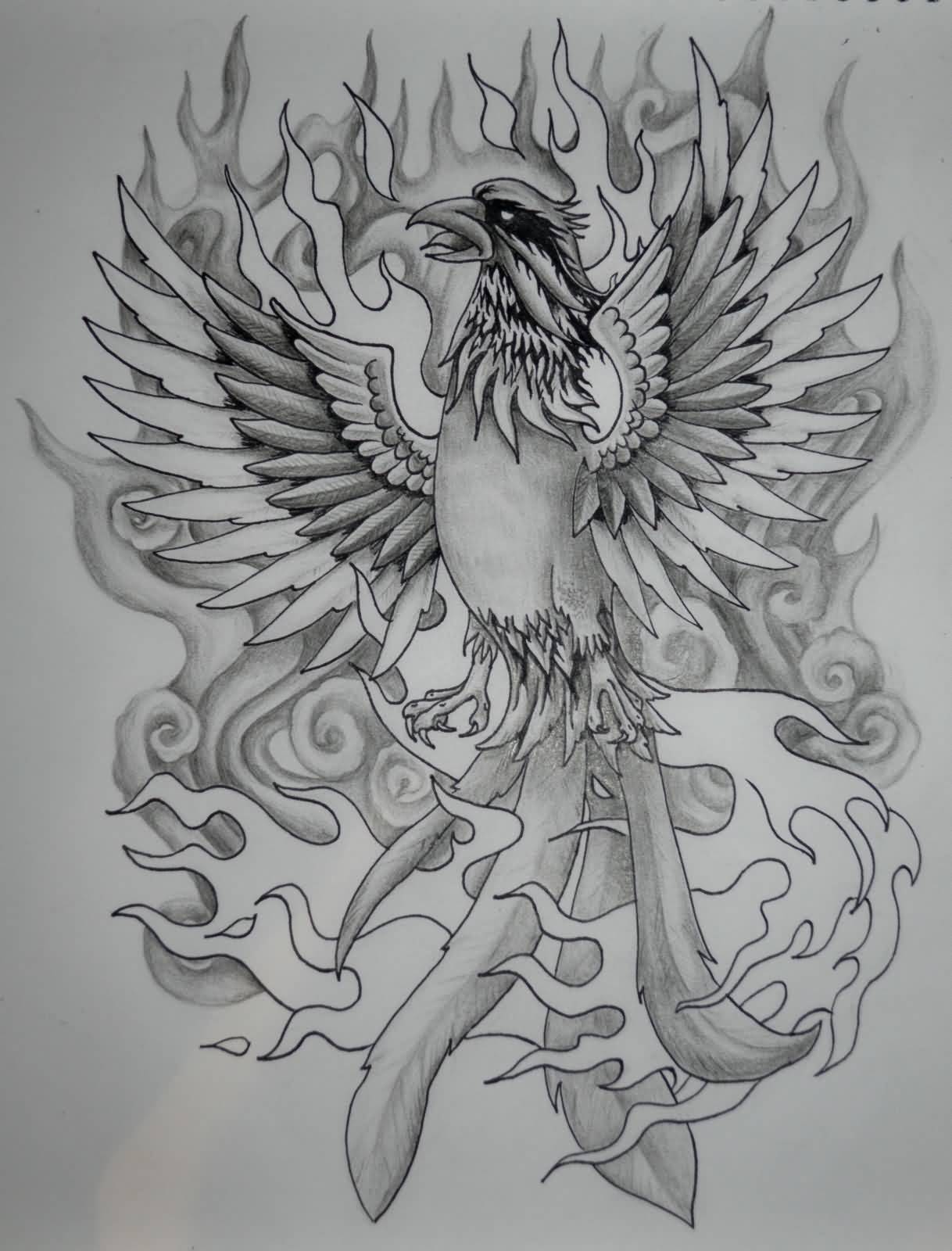 Black And Grey Rising Phoenix From The Ashes Tattoo Design.