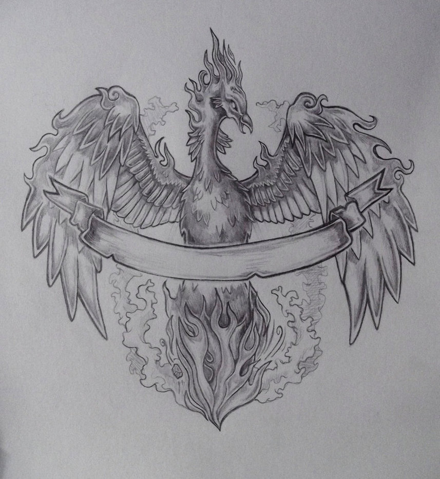 Black And Grey Rising Phoenix From The Ashes With Ribbon Tattoo Design By Whammeh