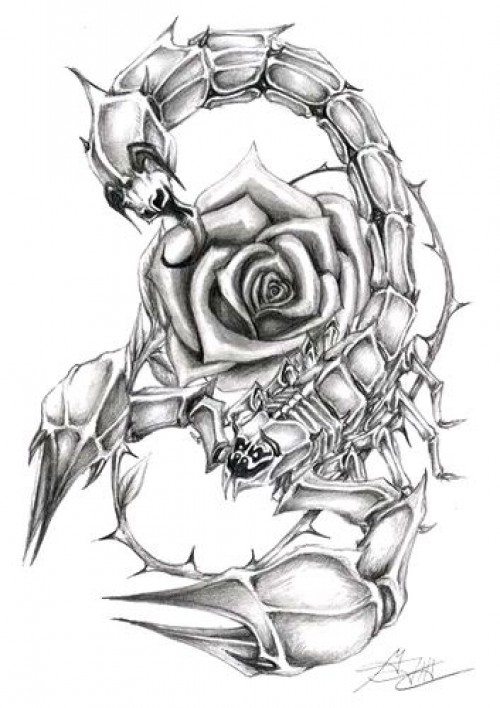 Black And Grey Scorpio Zodiac Sign With Rose Flower Tattoo Design