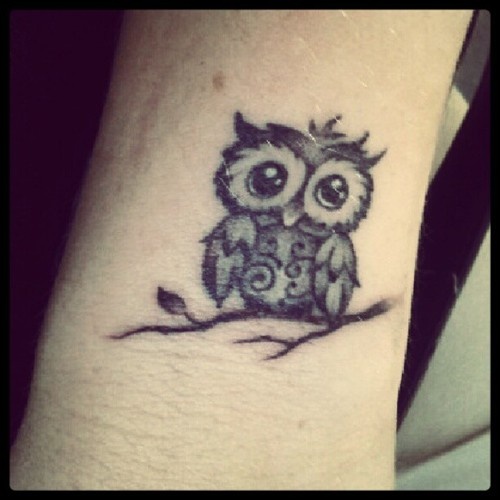 Black And Grey Small Owl Tattoo Design