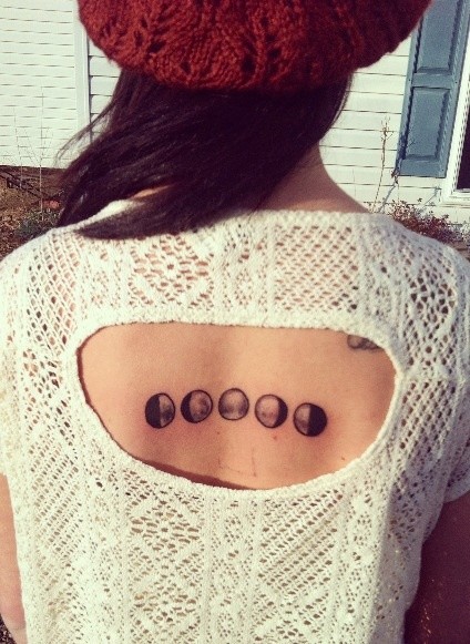 Black And Grey Small Phases Of The Moon Tattoo On Girl Upper Back