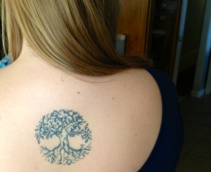 Black And Grey Small Tree Of Life Tattoo On Girl Upper Back