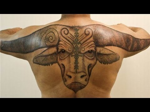 Black And Grey Taurus Zodiac Sign Tattoo On Upper Back