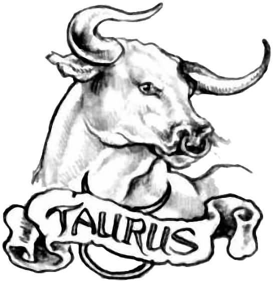 Black And Grey Taurus Zodiac Sign With Banner Tattoo Design