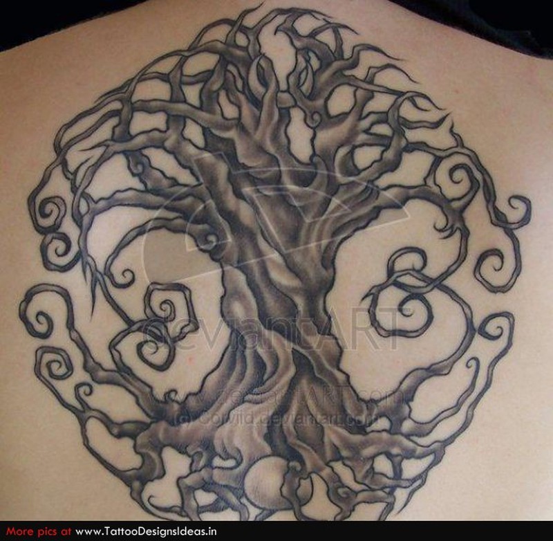 Black And Grey Tree Of Life Tattoo Design For Upper Back