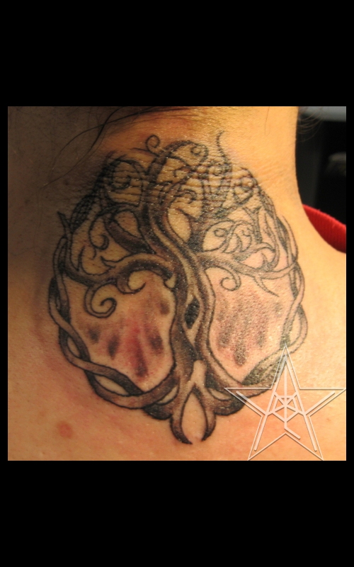 Black And Grey Tree Of Life Tattoo On Back Neck