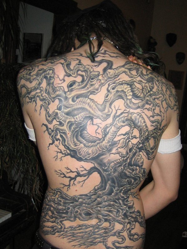 Black And Grey Tree Of Life Tattoo On Full Back