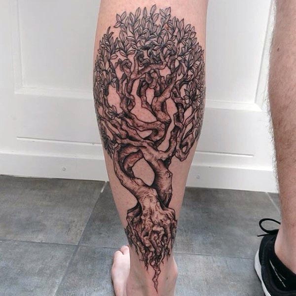 Black And Grey Tree Of Life Tattoo On Left Leg