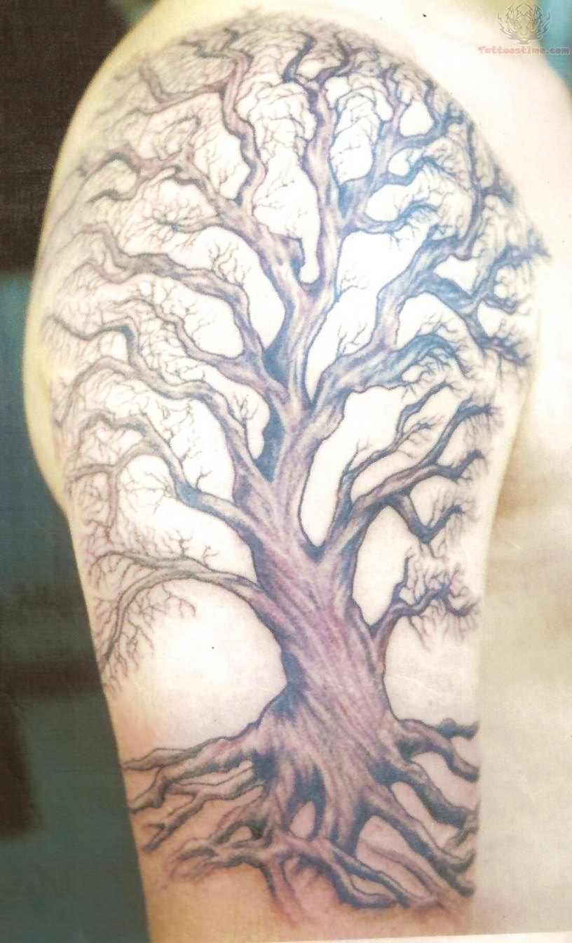 Black And Grey Tree Of Life Tattoo On Right Half Sleeve