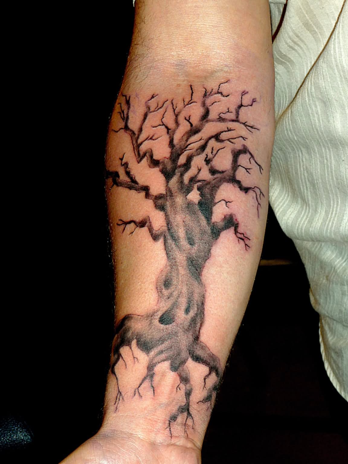 Black And Grey Tree Of Life Without Leaves Tattoo On Right Forearm