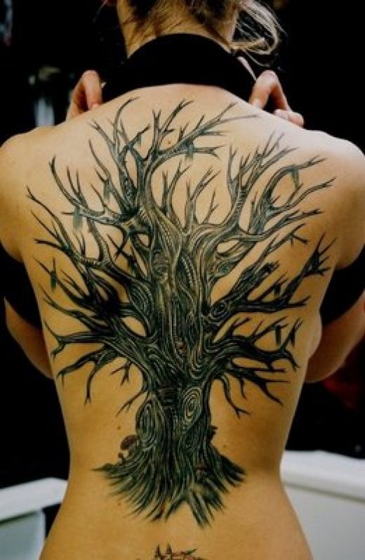 Black And Grey Tree of Life Without Leaves Tattoo On Full Back