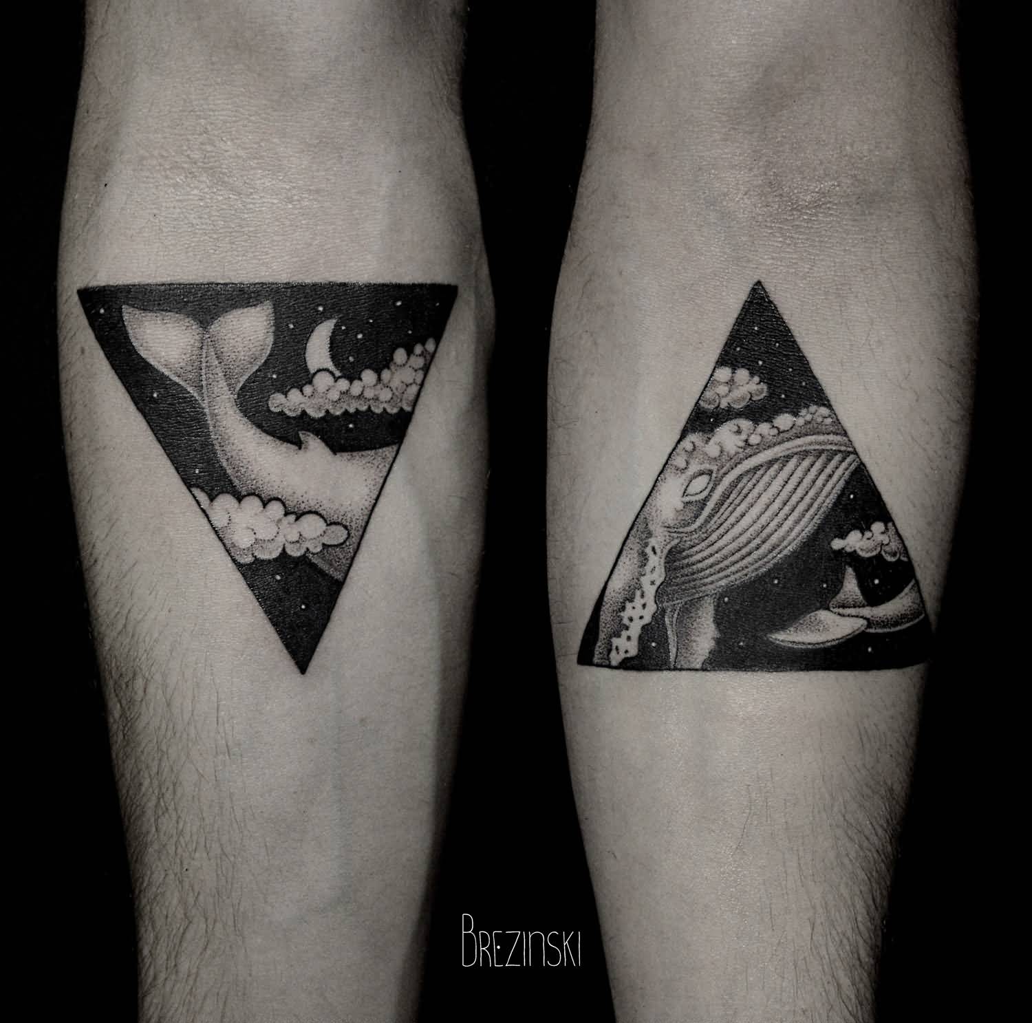 Black And Grey Whale In Upside Down Triangle Tattoo On Both Forearm By Ilya Brezinsky