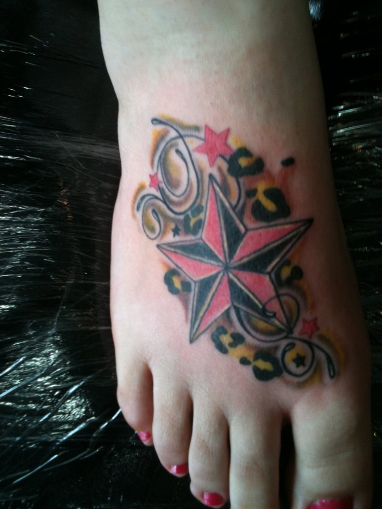 Black And Red Nautical Star And Compass Tattoo on Foot
