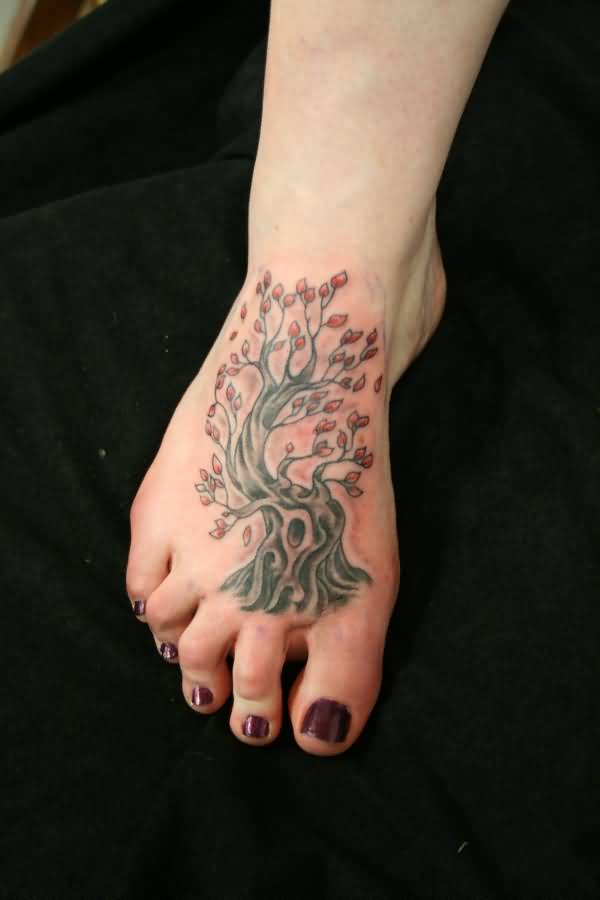 Black And Red Tree Of Life Tattoo On Girl Right Foot