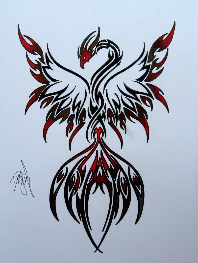 Black And Red Tribal Phoenix Tattoo Design