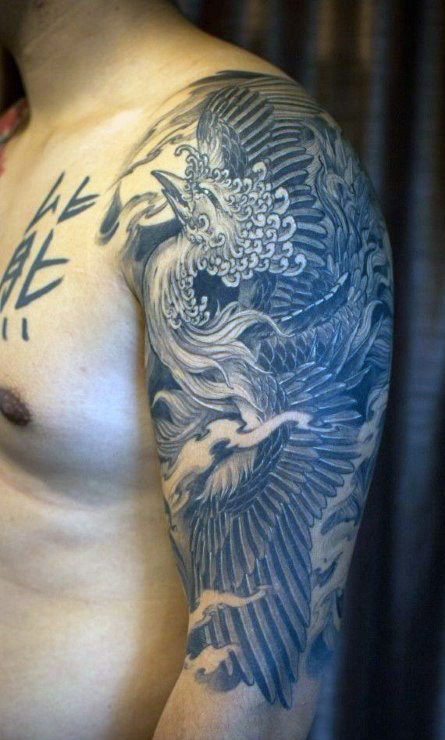 Black And White 3D Phoenix Tattoo On Man Left Half Sleeve