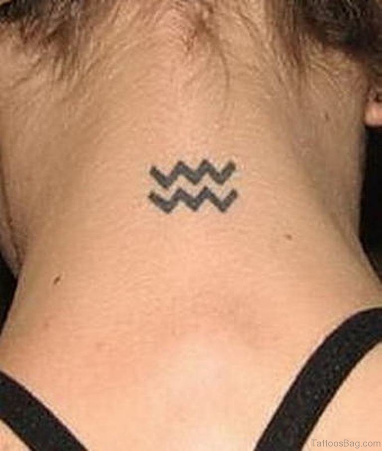 Black Aquarius Zodiac Sign Tattoo On Girl Back Neck