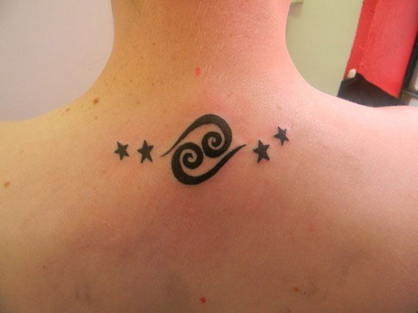 Black Cancer Zodiac Sign With Stars Tattoo On Back Neck