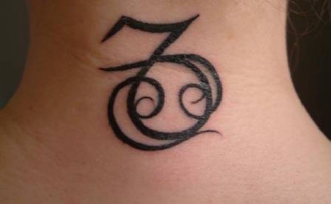 Black Capricorn Zodiac Sign Tattoo On Back Neck