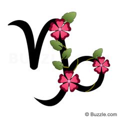 Black Capricorn Zodiac Sign With Flowers Tattoo Design