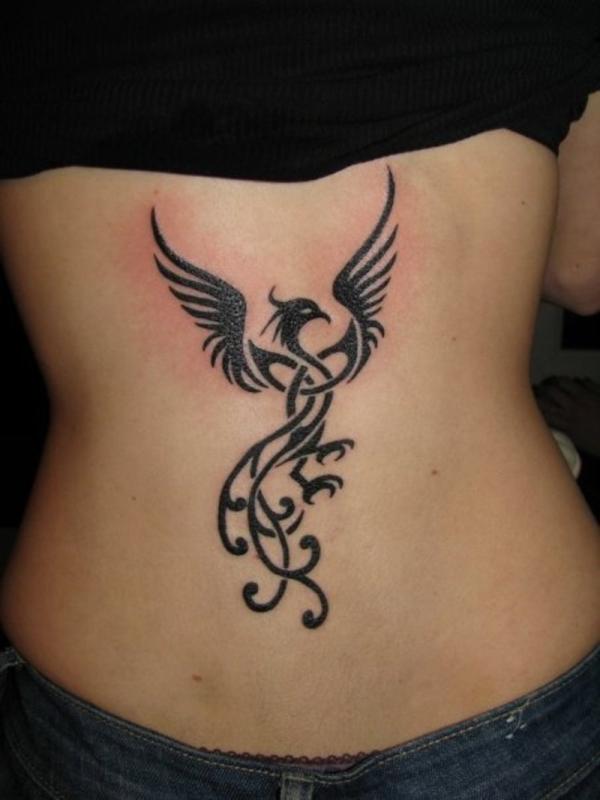 Black Celtic Phoenix Bird Tattoo On Lower Back