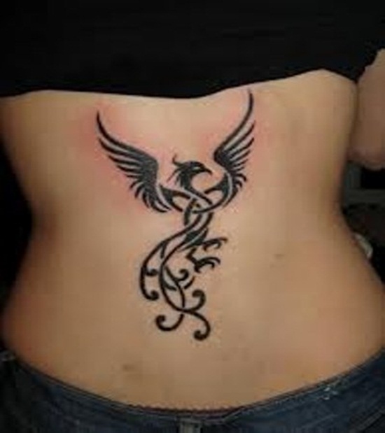 Black Celtic Phoenix Tattoo On Girl Lower Back