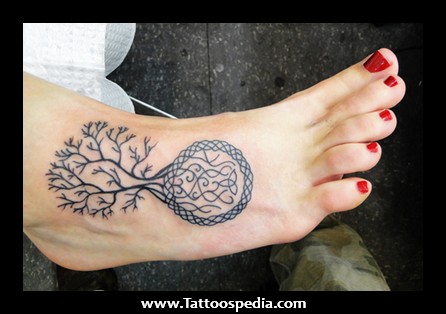 Black Celtic Tree Of Life Tattoo On Girl Right Foot