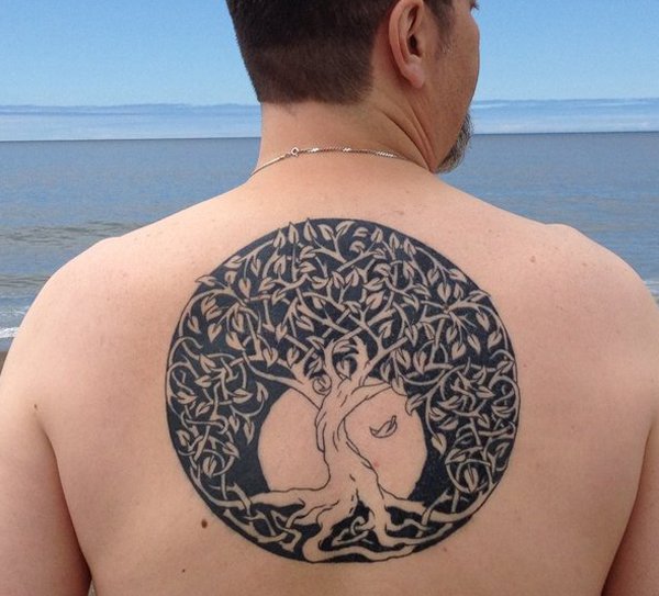 Black Celtic Tree Of Life Tattoo On Man Upper Back