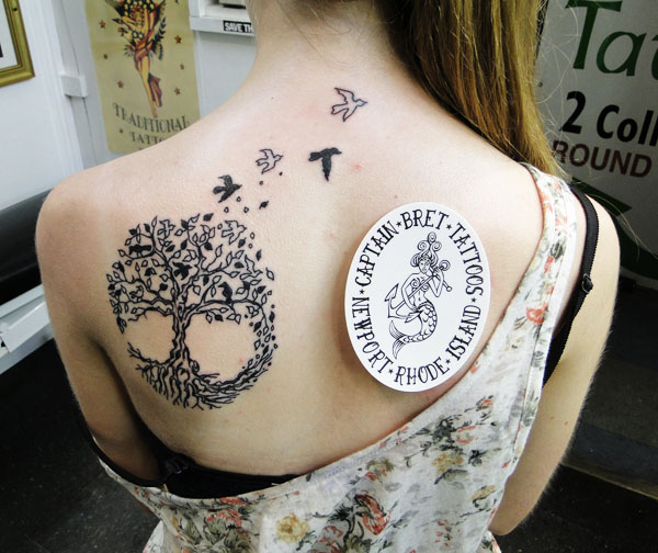Black Celtic Tree Of Life With Flying Birds Tattoo On Girl Left Back Shoulder