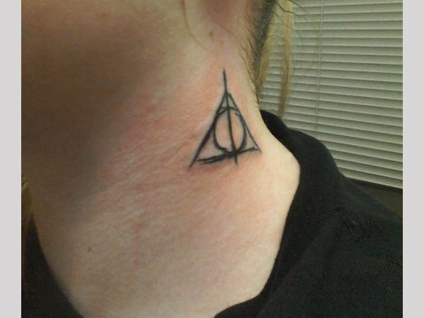 Black Deathly Hallows Triangle Tattoo On Side Neck
