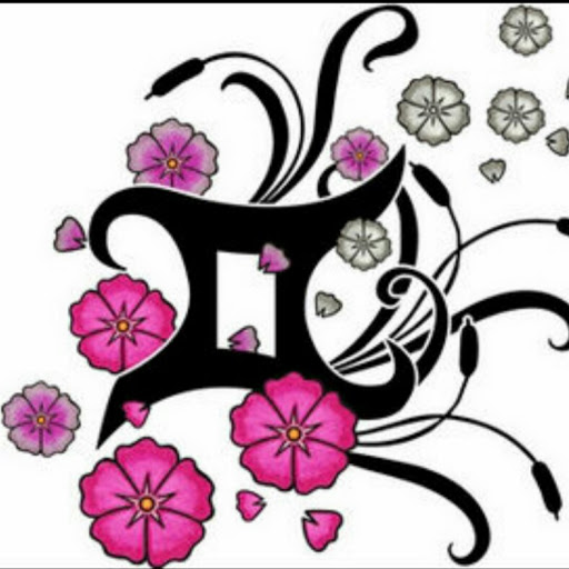 Black Gemini Zodiac Sign With Pink Flowers Tattoo Design