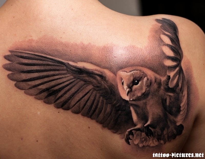 Black Ink 3D Flying Owl Tattoo On Right Back Shoulder
