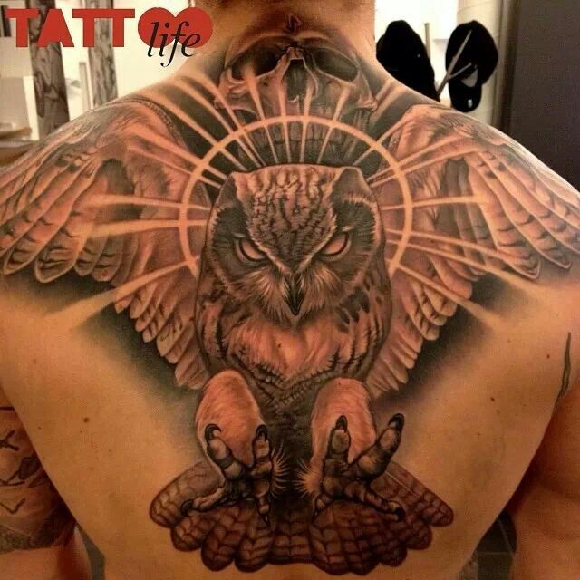Black Ink 3D Flying Owl With Skull Tattoo On Upper Back