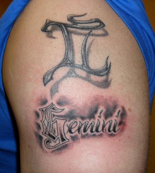 Black Ink 3D Gemini Zodiac Sign Tattoo On Right Shoulder