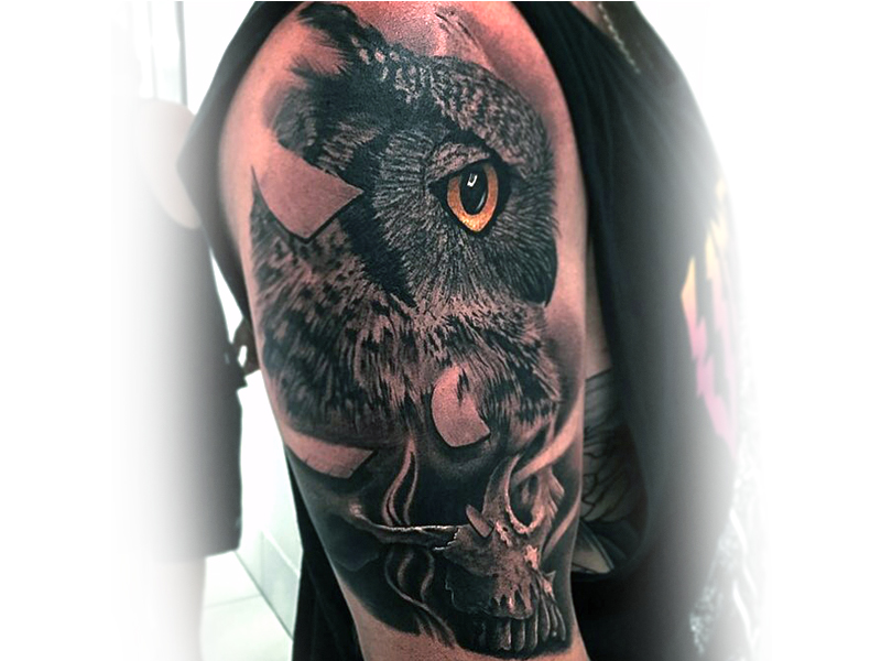 Black Ink 3D Owl Head With Skull Tattoo On Right Half Sleeve By Jason Cairns