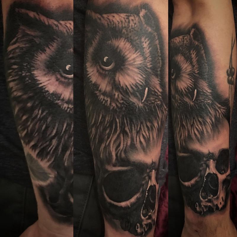 Black Ink 3D Owl With Skull Tattoo Design For Sleeve