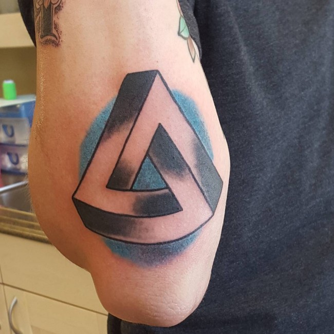 Black Ink 3D Penrose Triangle Tattoo On Right Arm