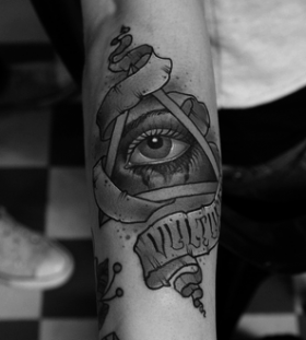 Black Ink 3D Triangle Eye With Banner Tattoo On Right Forearm