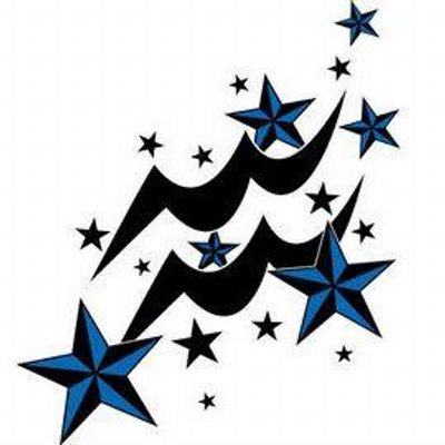 Black Ink Aquarius Zodiac Sign With Nautical Stars Tattoo Design
