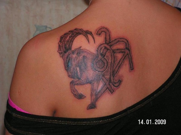 Black Ink Aries Zodiac Sign Tattoo On Left Back Shoulder