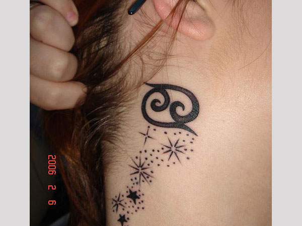 Black Ink Cancer Zodiac Sign Tattoo On Girl Right Behind The Ear