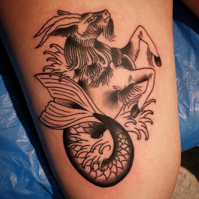 Black Ink Capricorn Zodiac Sign Tattoo Design For Sleeve