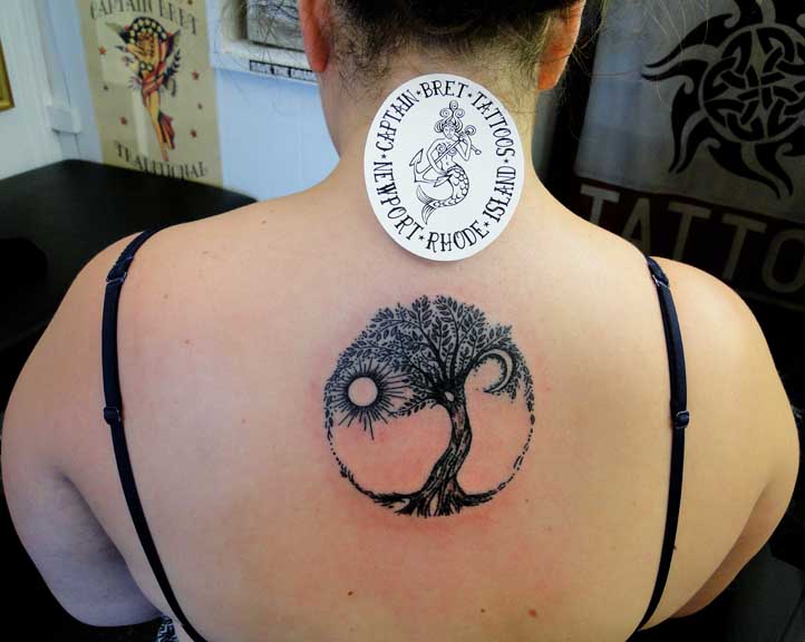 Black Ink Celtic Tree Of Life Tattoo On Girl Upper Back