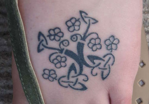 Black Ink Celtic Tree Of Life Tattoo On Left Foot