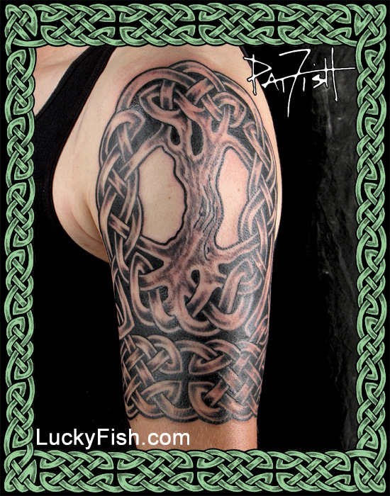 Black Ink Celtic Tree Of Life Tattoo On Left Half Sleeve