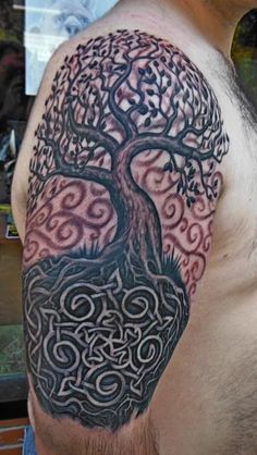 Black Ink Celtic Tree Of Life Tattoo On Man Right Half Sleeve By Linda