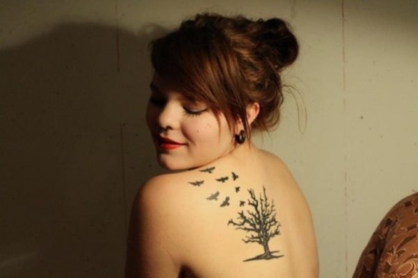 Black Ink Celtic Tree Of Life With Flying Birds Tattoo On Left Back Shoulder